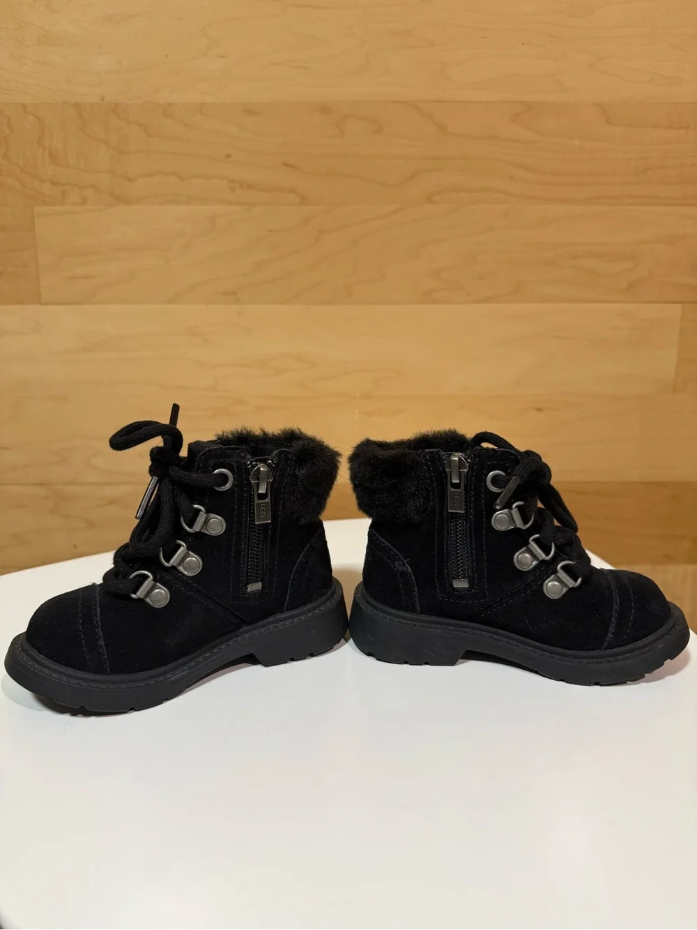 UGG Black Suede Fur-Trim Lace-Up Ankle Boots